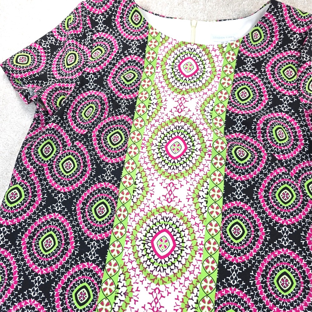 London Times Shift Dress Womens 14 Black Pink Geometric Stretch Short Sleeve